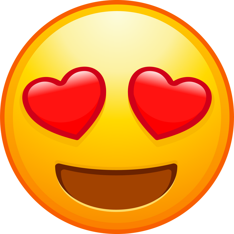 Top quality emoticon. Emoji with heart shaped eyes. In love emoticon, yellow face with heart-eyes and open smile. Yellow face emoji element.